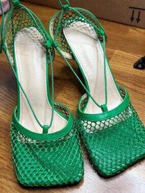 Green fishnet heels ankle strap up Size 8 Brand new no box